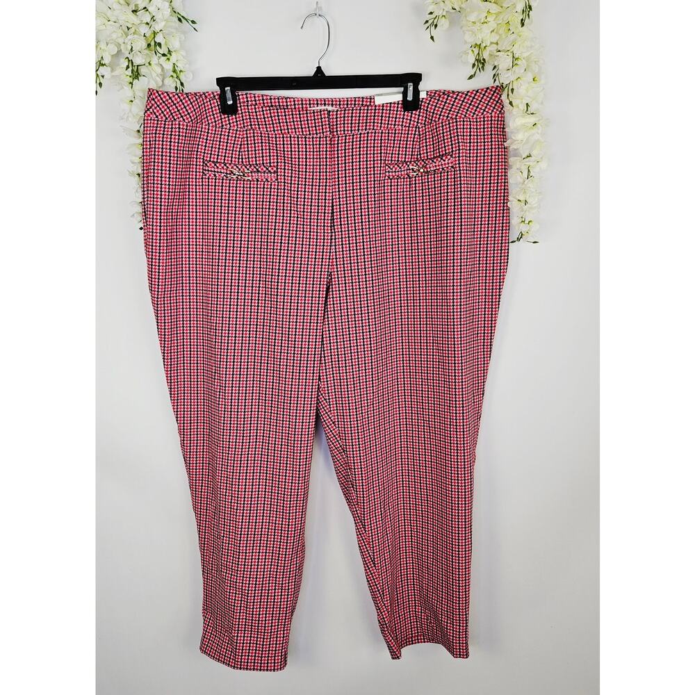 New Cato Plus Size 28W Hi-Rise Slim Pants Pink Red Houndstooth Plaid Valentine - Picture 3 of 16
